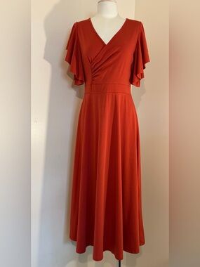 Ruffled Sleeve V-Neck Maxi Dress in Rust